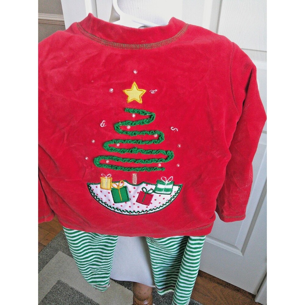 Fashion Classics Velour Christmas outfit striped legging red top Embroidered 2T